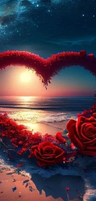 Heart-shaped roses on a moonlit beach.