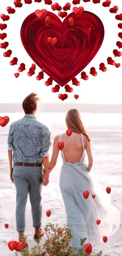 A romantic heart-themed wallpaper with a couple on the beach.