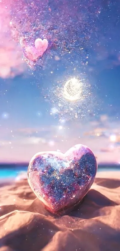 Heart-shaped design on a dreamy beach with celestial elements and a pink sky.