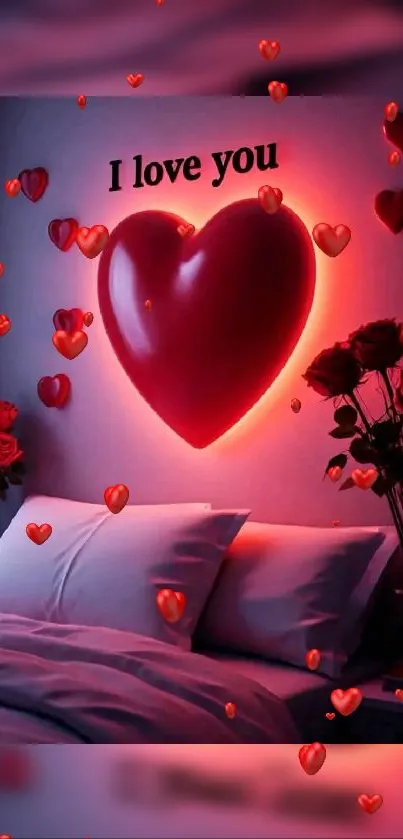 Romantic bedroom wallpaper with glowing heart.