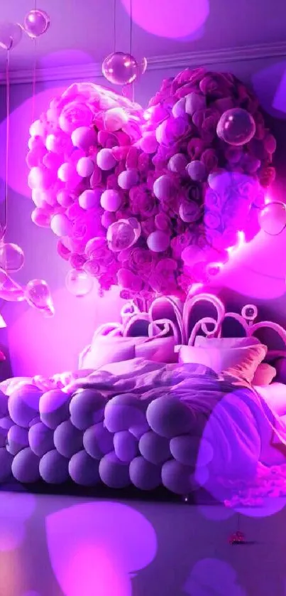 Romantic bedroom with heart-shaped balloons glowing in pink light.