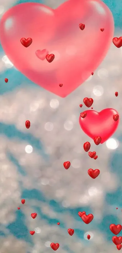 Mobile wallpaper with red hearts on a blue bokeh background.