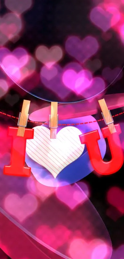 Romantic heart-themed wallpaper with pink and red bokeh effect.