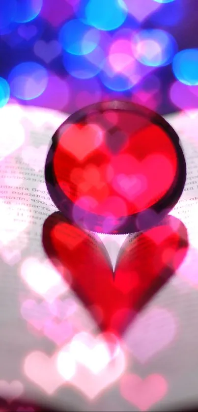 Heart-shaped bokeh with vibrant red, pink, and purple hues.