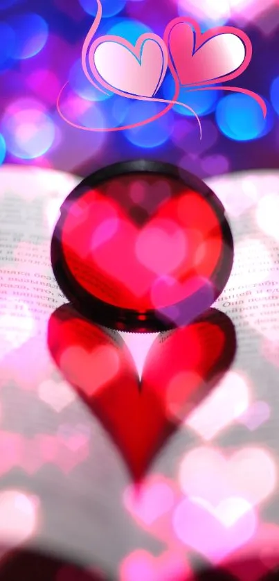 Heart-shaped bokeh with vibrant red and purple hues creating a romantic vibe.