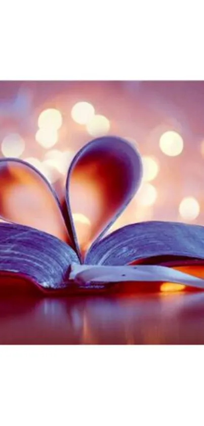 Romantic heart-shaped book with bokeh lights wallpaper.