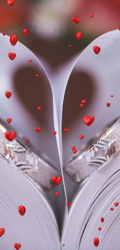 Heart-shaped book pages with rings, romantic theme.