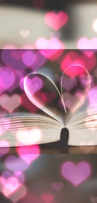 Heart book pages with pink bokeh hearts on smartphone wallpaper.