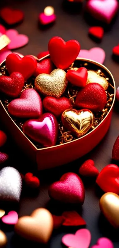 Heart-shaped box with colorful hearts on mobile wallpaper.