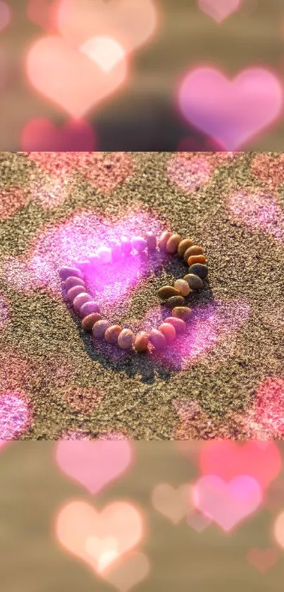 Bracelet on sand with pink heart bokeh.