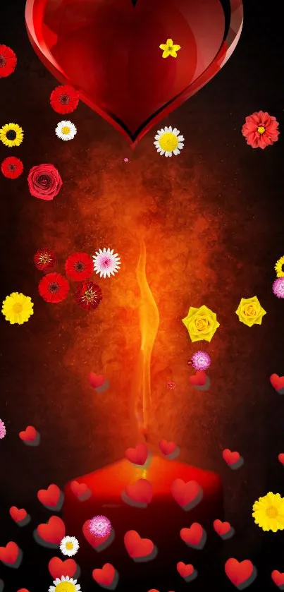 Romantic heart with candle and flowers on a dark background wallpaper.