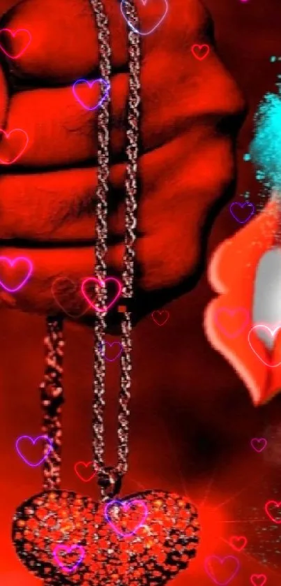 Red heart chain with vibrant background.