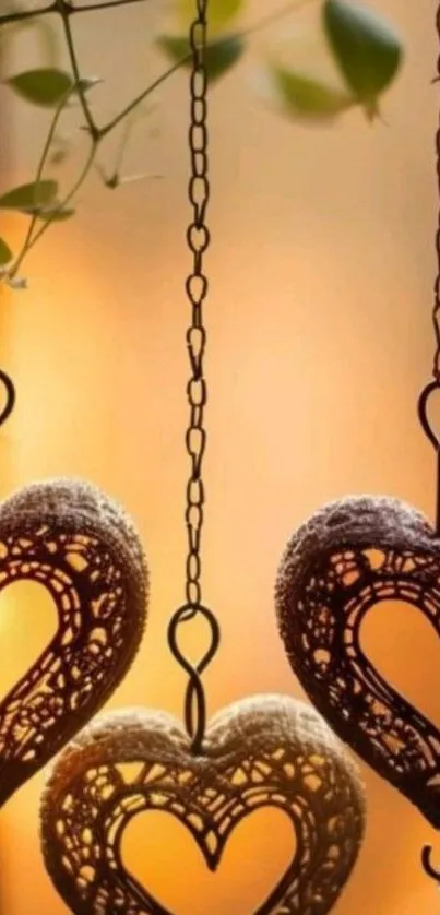 Ornate hanging heart chains with warm glow
