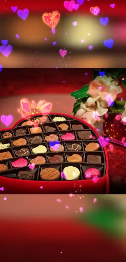 Romantic heart-shaped chocolate box with glowing floral accents.