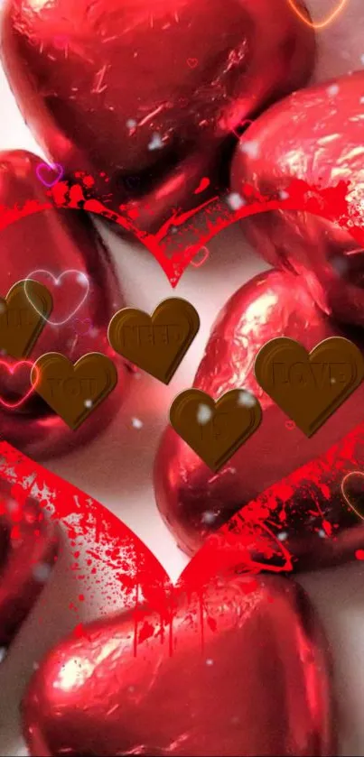 Red chocolate hearts with love-themed design.