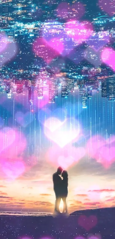 Couple silhouette with heart-filled city skyline.