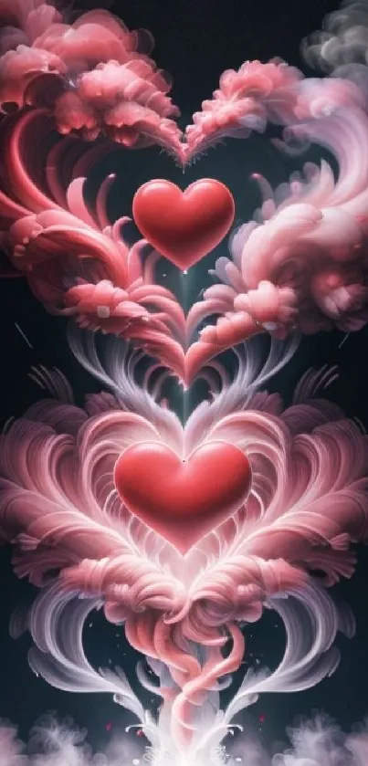 Romantic pink heart-shaped clouds on a dark background.
