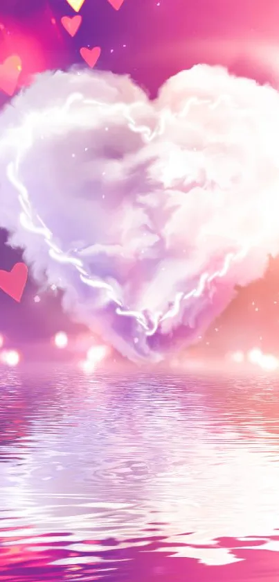 Romantic heart cloud reflected in water with pink and purple hues.