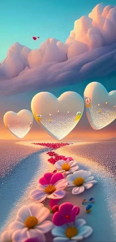 Floating heart clouds over floral path with a serene sky.