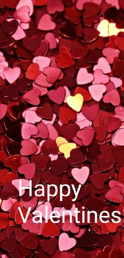 Red and pink heart confetti with Happy Valentines text.