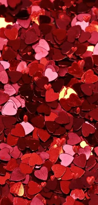 Red and pink heart confetti wallpaper with a romantic theme.