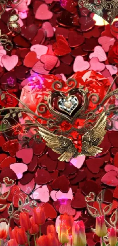 Romantic red heart confetti with floral decoration.
