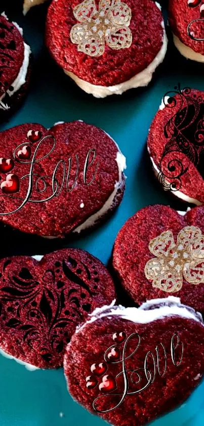 Heart-shaped cookies with love themes on blue background.