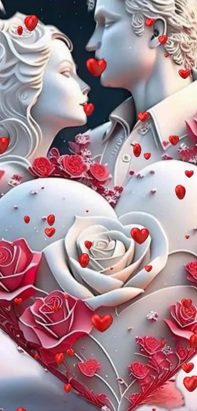 Romantic couple surrounded by hearts and roses in artistic wallpaper.