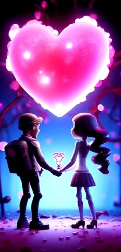 Silhouetted couple holding hands under a glowing pink heart on a vibrant wallpaper.