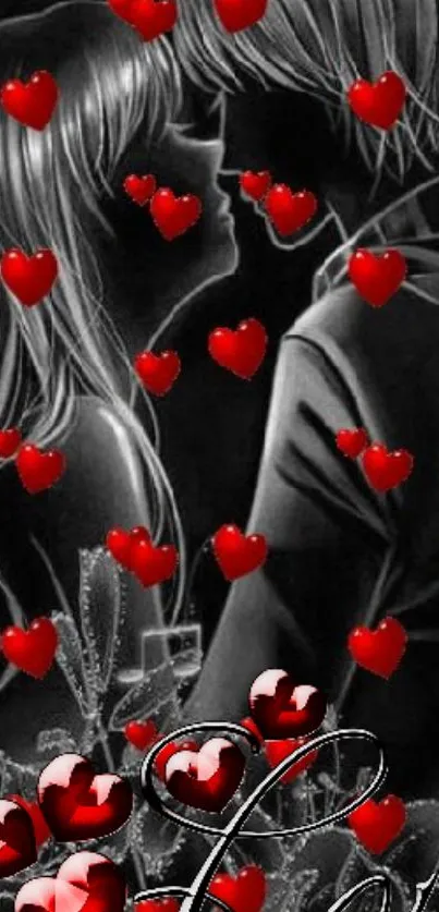 Romantic couple with red hearts mobile wallpaper.