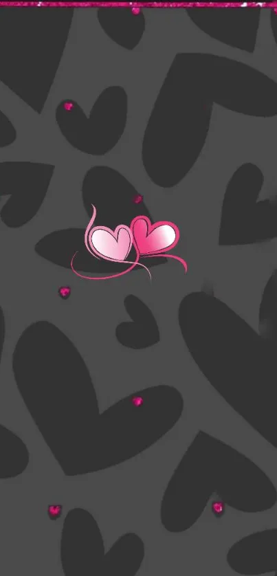 Dark wallpaper with pink hearts and romantic design.