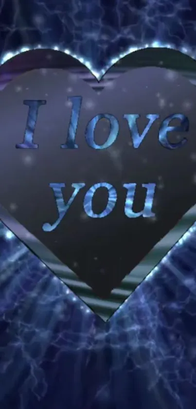 Glowing blue heart with 'I love you' text on a dark background.