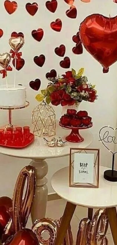 Romantic decor with heart balloons and elegant setup.