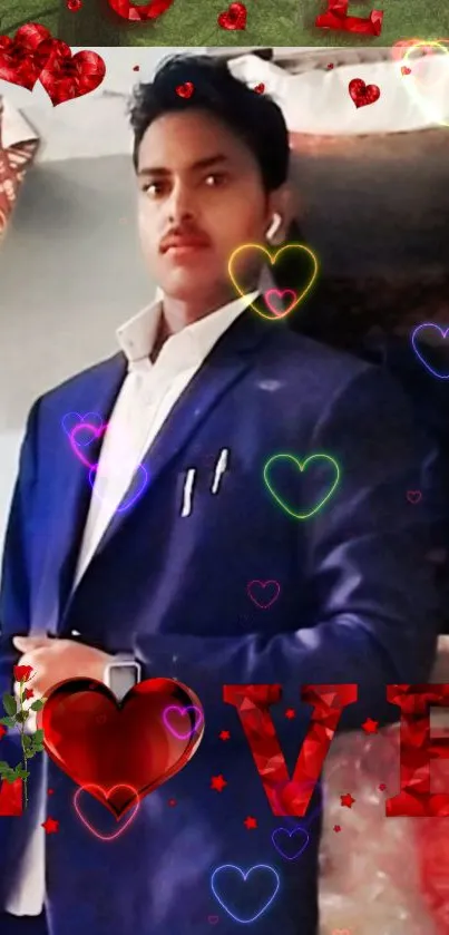 Man in suit with colorful heart decorations.