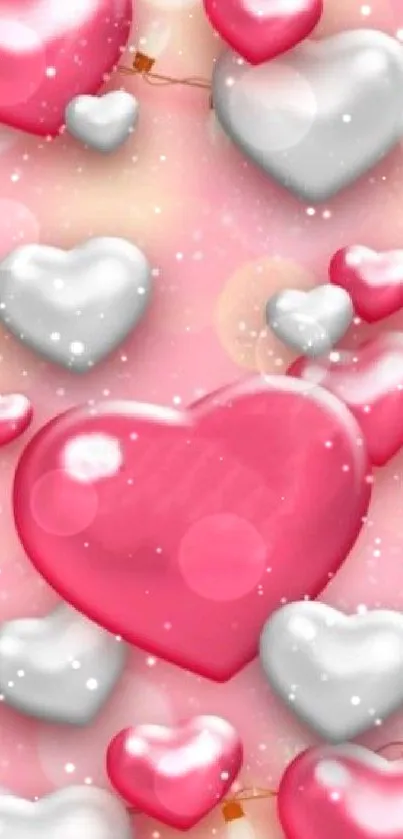 Romantic mobile wallpaper with pink and white hearts.