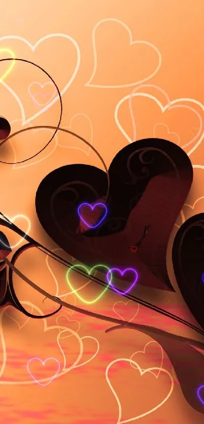 Romantic heart design with swirling patterns on warm orange background.
