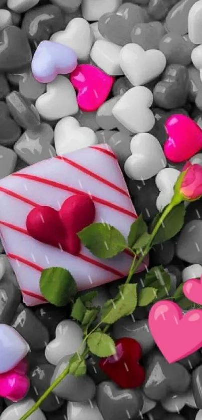 Romantic mobile wallpaper with colorful hearts and a rose.