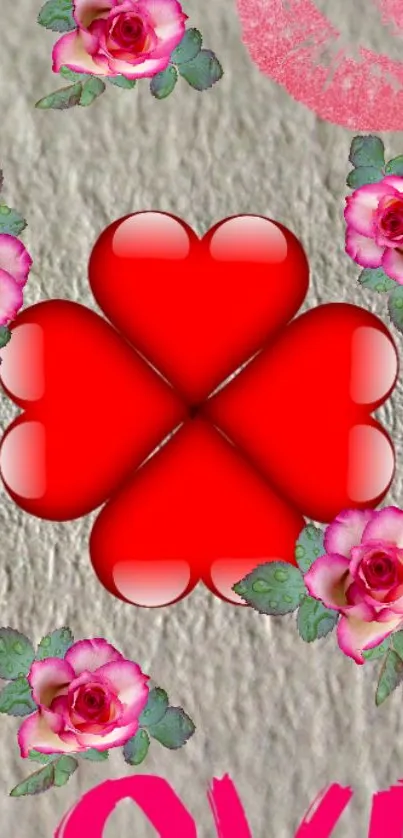 Romantic mobile wallpaper with red hearts and pink roses on textured background.