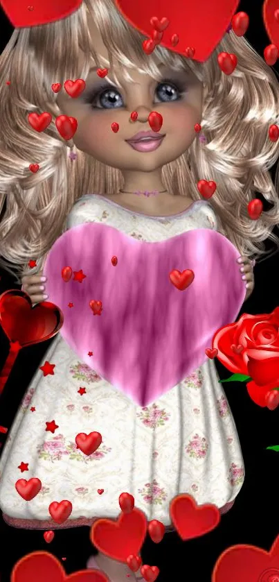 Romantic wallpaper featuring a doll with a pink heart, red hearts, and roses.