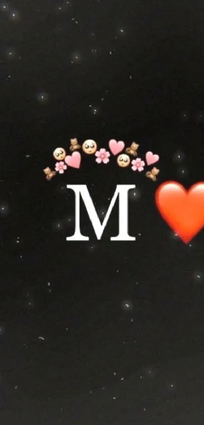 Romantic wallpaper with heart emoji and letter 'M' on a black starry background.