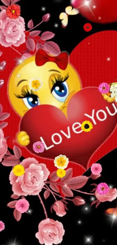 Love-themed wallpaper with emoji and heart.