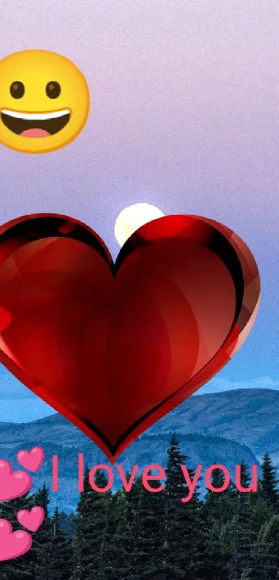 Mobile wallpaper with red heart emoji over scenic background.