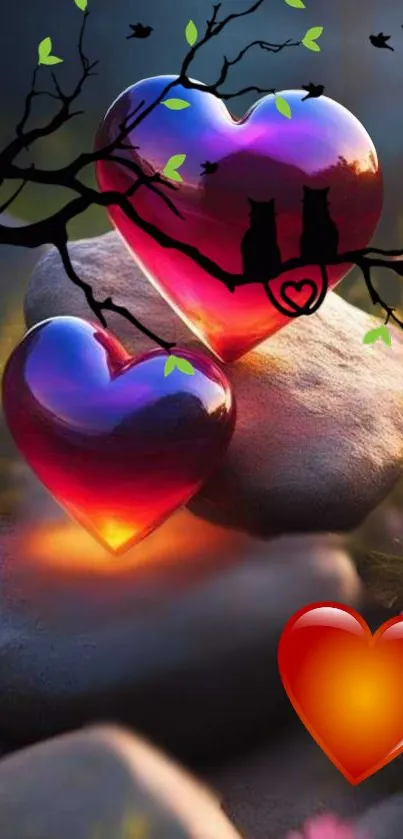 Romantic hearts glowing on stones with vibrant evening colors in nature.