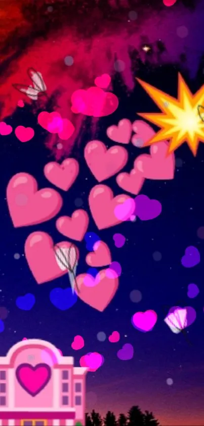 Vibrant night sky wallpaper with heart explosion art