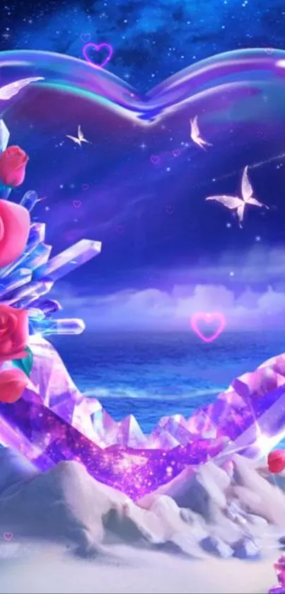 Romantic heart crystal wallpaper with ocean and roses.