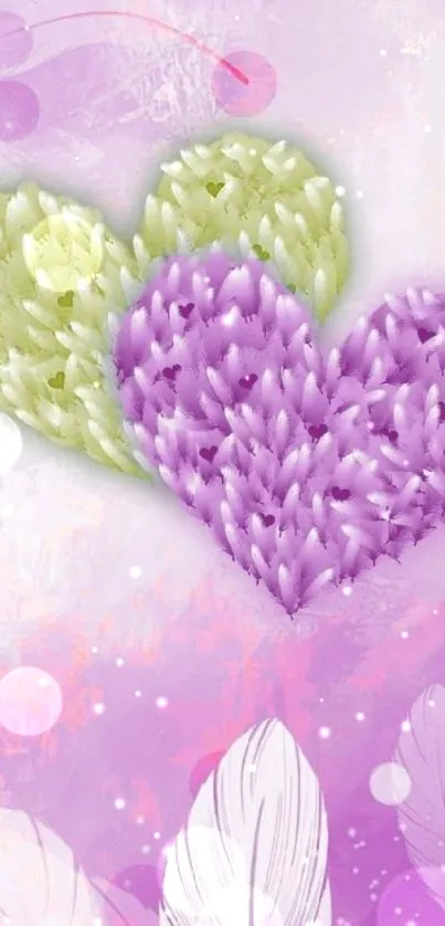 Purple and green feather hearts with a soft lavender background.