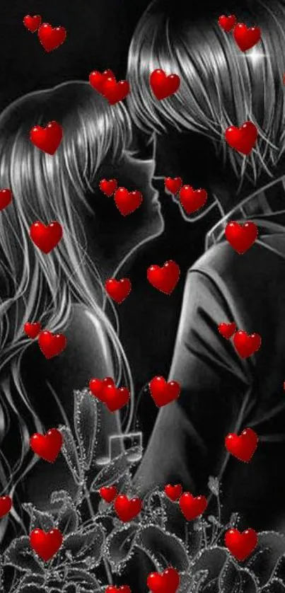 Black and white couple with red hearts wallpaper.