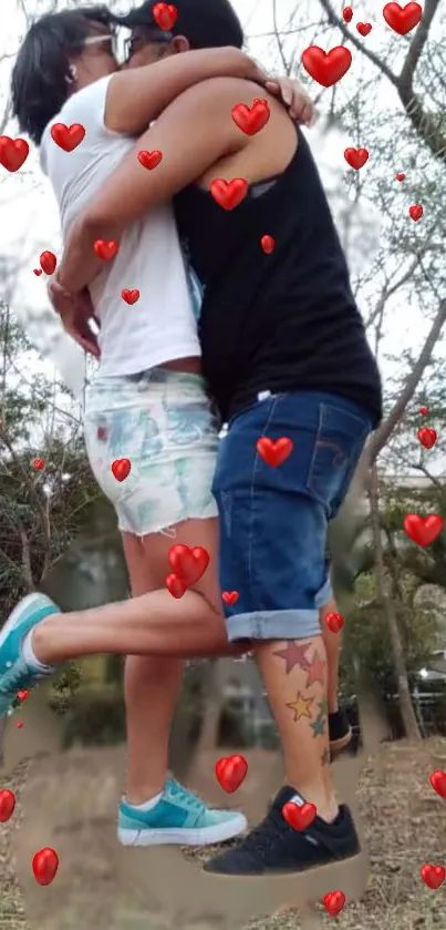 Romantic couple embracing with hearts.