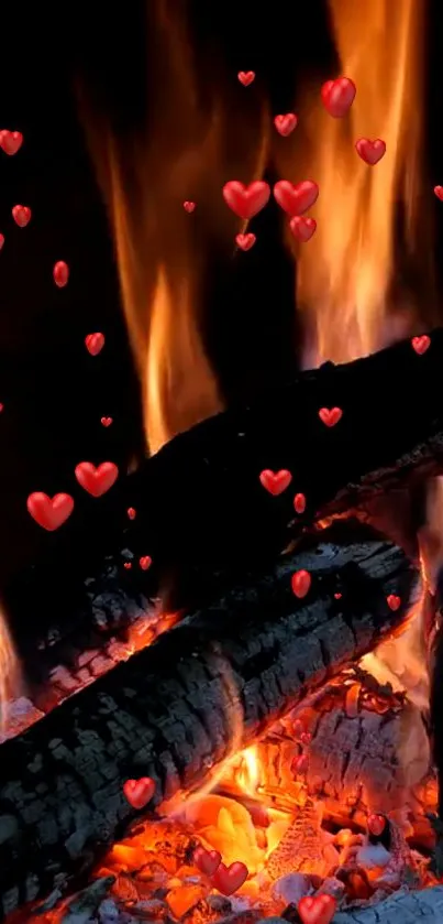 Romantic fire with floating red hearts wallpaper.