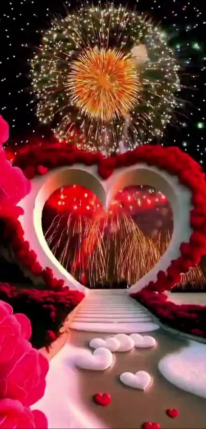 Heart-shaped arch with roses and fireworks in a romantic wallpaper.